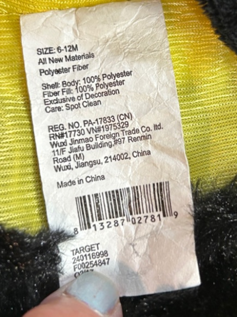 Infant Plush Yellow & Black Bumblebee Costume with Wings Size 6-12 Months - Picture 6 of 9